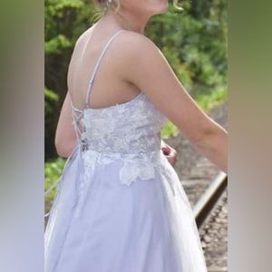 Lavender and white lace prom dress with lace up back